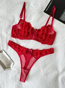SHEIN 2 件套蕾丝拼接纯色聚拢钢圈性感文胸和内裤套装，适合女士日常穿着 - 酒紅色 - 查看 7