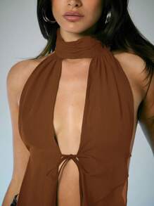 Denimoi Spring And Summer Solid Open Back Cut Out Sexy High Neck Mesh Halter Top, Backless Top, Vacation, Summer, Fashionable, Clubbing, Sexy Tops - Brown - View 4