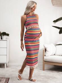 SHEIN Bohemian Style Crochet Multi-Color Fringe Hem Backless Halter Neck Top And Split Hem Skirt 2-Piece Set, Maternity - Multicolor - View 3