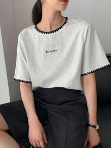 DAZY Women's Casual Colorblock Round Neck Loose Street Wear Short Sleeve Letter Print T-Shirt, Summer