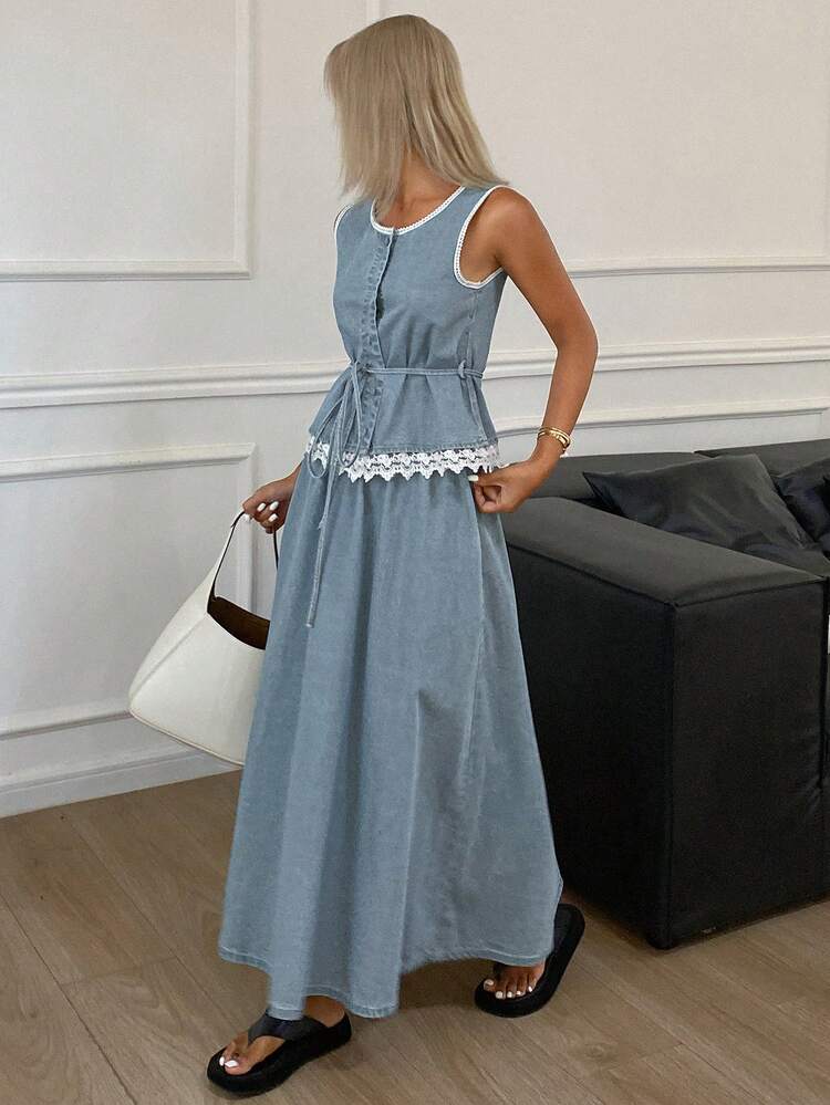 Women's Lace Trim Waist Tie Round Neck Tank Top And Denim Skirt Set