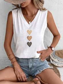 EMERY ROSE Casual Heart Pattern V-Neck Regular Women Tank Top Suitable For Summer Back To School
