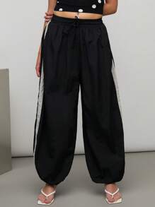 COUREZ Low Rise Baggy Barrel Nylon Joggers With Side Stripe , Summer For Women Summer Bottoms , Street Casual, Y2K Vintage - Black - View 7