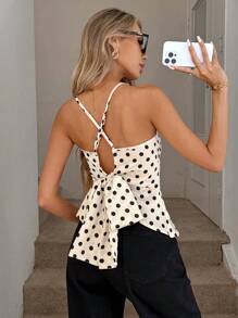 Easowa Áo hai dây satin chấm bi hở lưng đính nơ mới cho mùa hè dành cho nữ, thích hợp cho kỳ nghỉ lãng mạn, đi làm và mặc hàng ngày. - trắng - Xem 5