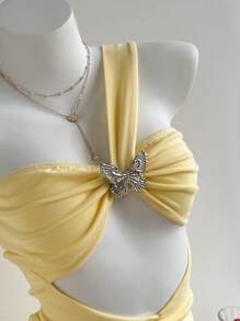 Rafferiza Women Elegant Sexy Solid Color Hollow Butterfly Decor Fishtail Dress - Yellow - View 7