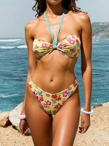 Swim Vcay Ladies 2-Piece Halter Neck Bikini Set For Summer Beach Vacation - Yellow - View 3