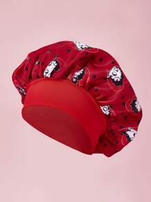 Betty Boop x SHEIN Bonnet de sommeil double couche satiné, à large bord, doux et confortable, avec motif à pois, convenant pour le port quotidien à la maison et le sommeil, rouge