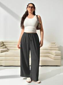 SHEIN EZwear Pantalones holgados de tela de color gris oscuro de talla grande para mujer, de estilo casual de negocios