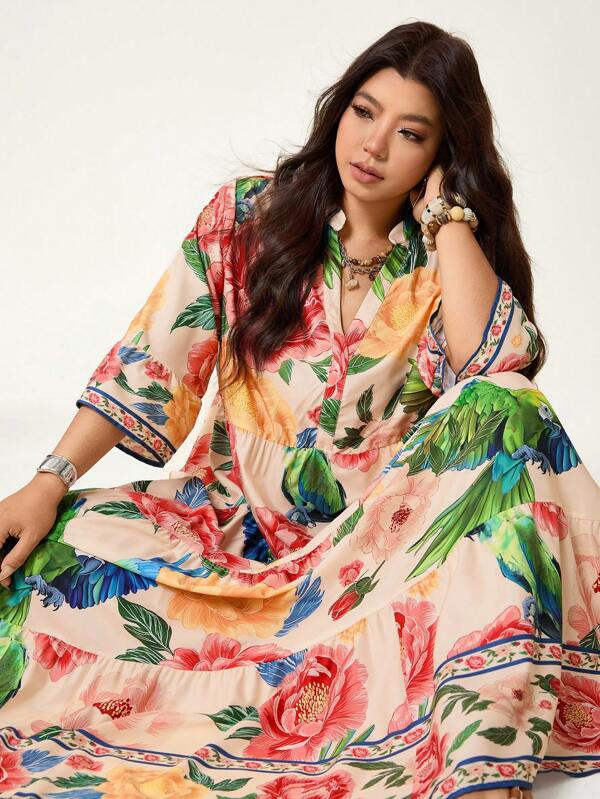 SHEIN LUNE Plus Size Floral Print Trumpet Sleeves Notched V-Neck Casual Vacation Dress