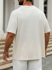 Manfinity Homme 1pc Men's Textured Plain Crew Neck T-Shirt, Ribbed Grooved Pattern, Khaki Solid Color, Minimalist & Refined, Slim Fit, Suitable For Business, Casual, Commuting, Holiday, Great Gift For Boyfriend/Husband, Unisex Couple Matching - White - View 2