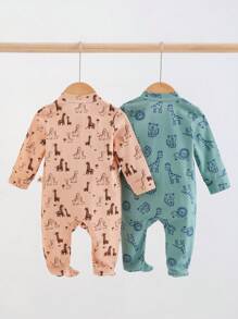 Cozy Pixies Bộ 2 món áo liền quần dài tay cổ tròn mềm mại in hình hươu cao cổ hoạt hình cho bé gái sơ sinh. - Nhiều màu - Xem 2