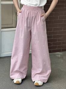 Dazy Kids 少女蝴蝶结印花宽腿宽松休闲阔腿裤