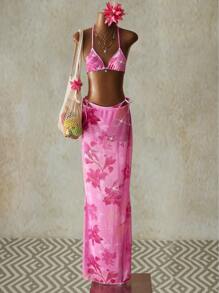 SHEIN ICON Damen Bademode, romantischer Blume Muster mit Strass-Akzenten Rock, Strandüberwurf für den 4. Juli, Country Konzert - Pink - Übersicht 7