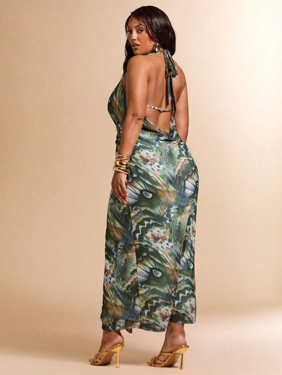 SHEIN BAE Plus Size Women's Summer Vacation Beach Holiday Butterfly Print Metallic Ruffles Decorated Low Cut Sexy Slit Maxi Halter Dresses - Green - View 1