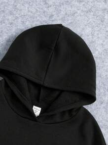 SHEIN Leap Crew 青少年女孩休闲简约个性化星星图案黑色长袖连帽加厚运动衫，适合返校、秋冬季 - 黑色 - 查看 3