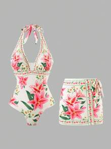 Swim Oasis 2025年新款女士印花连体泳衣（含裙摆）、休闲海滩度假泳装套装、夏季 - 彩色 - 查看 1