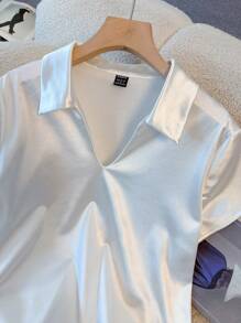 GlowEve 优雅女士纯色 Polo 领短袖 T 恤，夏季 - 白色 - 查看 7