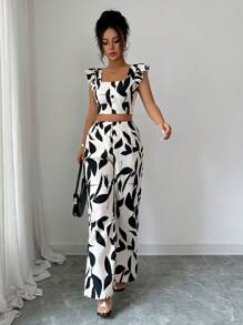 Selianne 2pcs Women Summer Casual Full Print Ruffle Hem Crop Top And Long Pants Set - Apricot - View 5