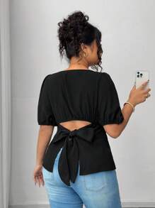 Elenzga Plus Size Women Solid Color Bow Tie Open Back Casual Short Sleeve Blouse, Summer