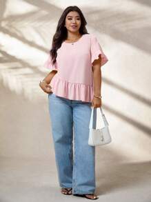 SHEIN LUNE Plus Size Women Asymmetrical Hem Ruffle Sleeve Casual Loose Blouse, Summer - Pink - View 3