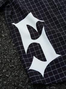 SHEIN 男童格子字母印花短袖 Polo 领宽松长袖衬衫，适合通勤、上学、休闲、运动、秋冬返校季穿着 - 黑色 - 查看 5