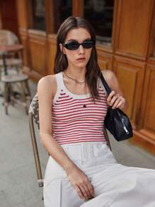 Muvela Sleeveless Red Striped Knit Top For Women Spring/Summer Must-Have Items: Retro Preppy Style, Back-To-School Outfits, Commuting, Office Wear, Afternoon Tea - Red - View 1