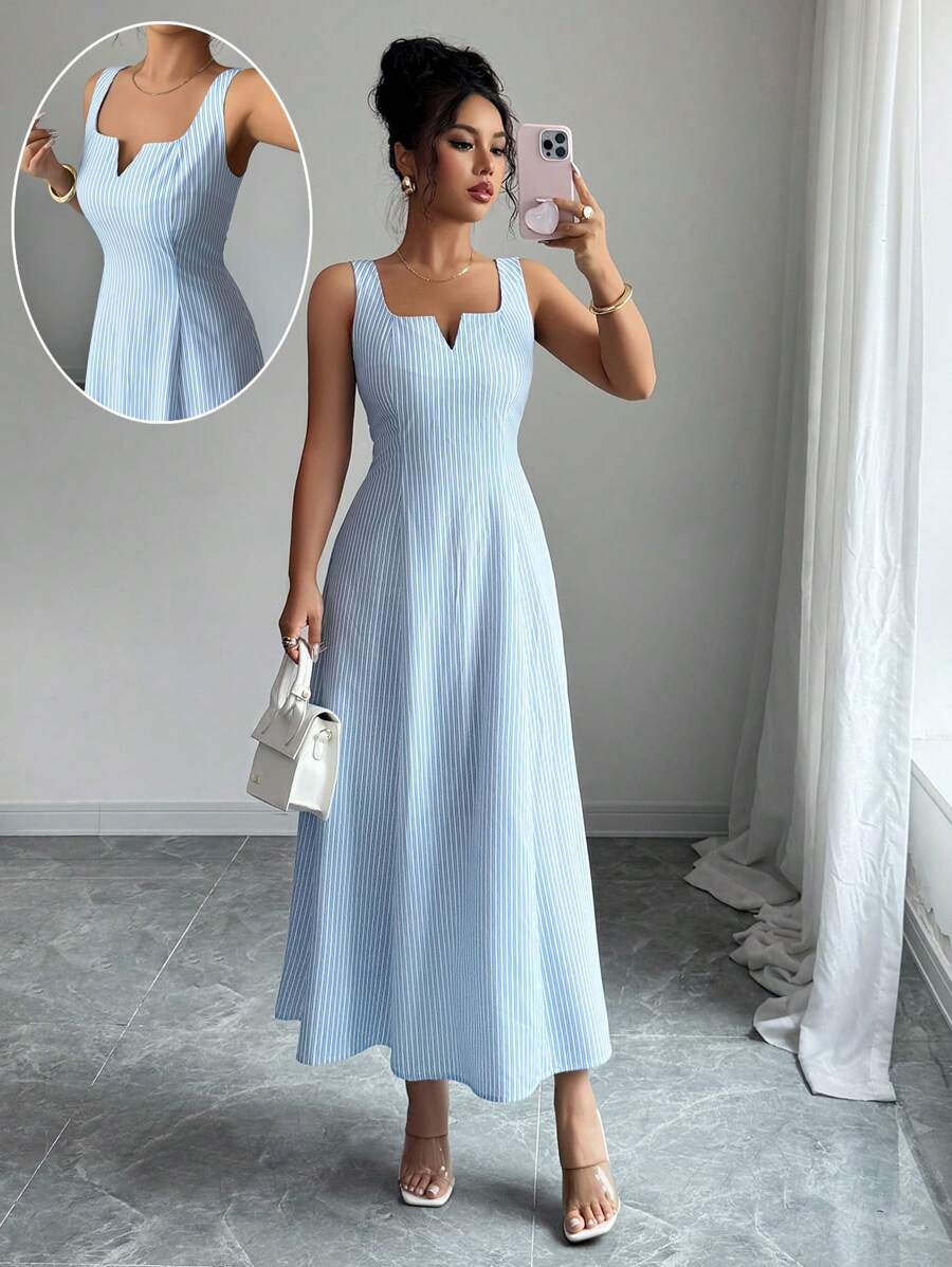 Elenzga 女士条纹方领无袖长裙 - 藍白色 - 查看 1
