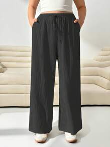 SHEIN EZwear Pantalones holgados de tela de color gris oscuro de talla grande para mujer, de estilo casual de negocios