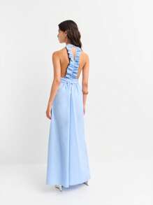 Nöista Light Blue Halter-Neck Maxi Dress With A Fitted Waist And Bow Belt. Flowing A-Line Silhouette. Back Features A Dramatic Ruffled Design And Open Detailing. . Elegant, Feminine, Chic, Airy, Sophisticated, Stylish, Comfortable, Versatile, Perfect For Summer Events And Evenings. - Blue - View 4