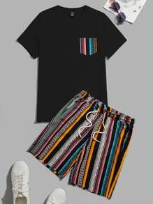Manfinity VCAY Men Striped & Geo Print Tee & Drawstring Waist Shorts - Black - View 5