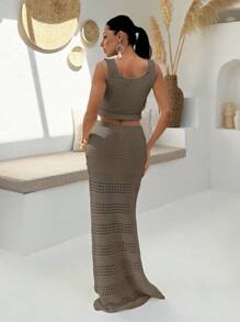 SHEIN Tall 夏季度假镂空罩衫套装 - 米色 - 查看 2