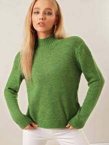 RueChic Solid High Neck Drop Shoulder Sweater - Green - View 6