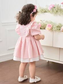 SHEIN Baby Girl Woven Color-Block Ruffle Puff Sleeve Snug Fit Dress - Pink - View 2