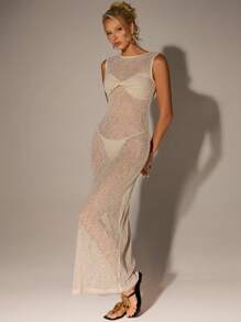 Avantive Vestido vaporoso, ajustado y sin mangas para mujer, sexy, ideal para la playa, de nueva temporada de verano - Beis - Ver 3