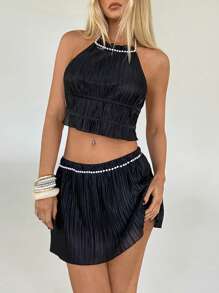 Aloruh Bộ trang phục gợi cảm Y2K Festival Decor Beach Resort Chain Pearl hở lưng: Váy ngắn + Áo crop top - màu đen - Xem 4