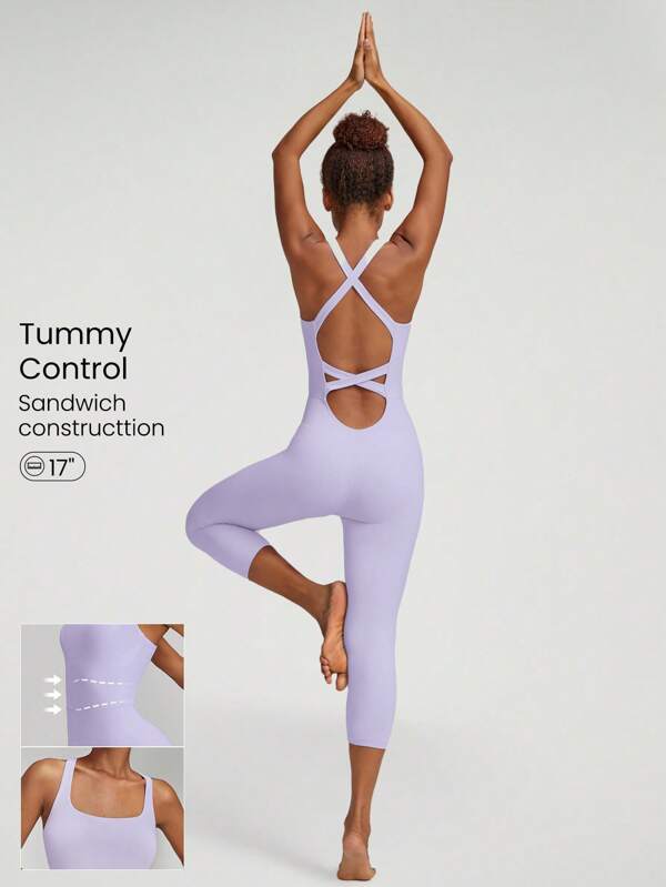 GLOWMODE 17" FeatherFit™ Go Figure Tummy Control Criss-Cross Jumpsuit Low Impact Yoga Studio Summer