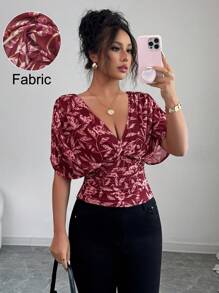 Selianne Women's Summer Floral Print Batwing Short Sleeve Pleated Fashionable Blouse - Burgundy - View 3