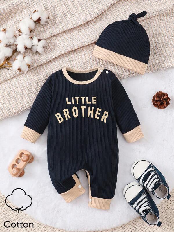 SHEIN Baby Boy Letter Graphic Contrast Trim Jumpsuit & Hat
