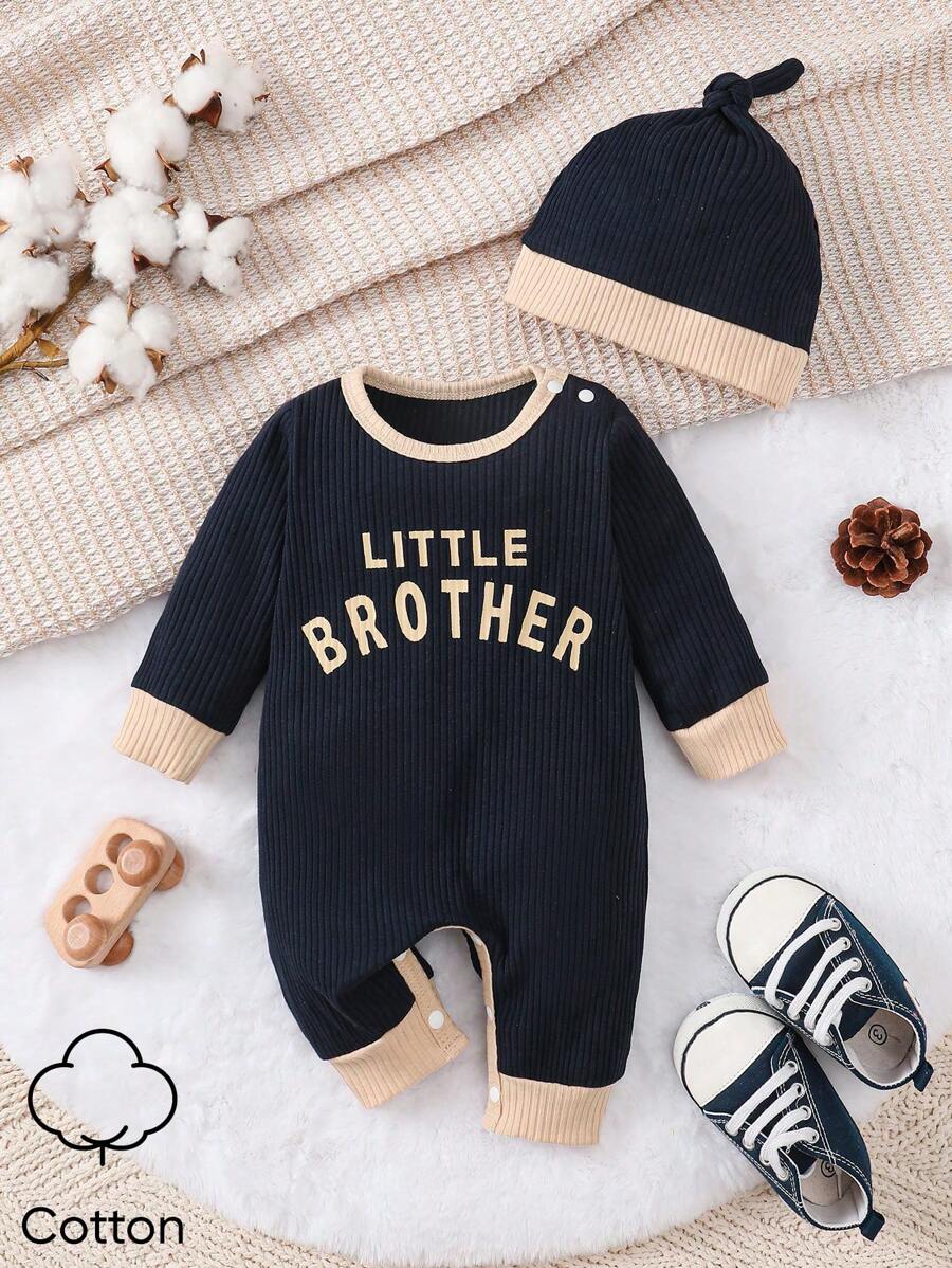 SHEIN 男嬰字母圖案拼接邊連身褲&帽