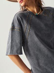 Bohemela 大码女装夏季休闲街头铆钉装饰落肩宽松水洗T恤纯棉上衣，镶钻上衣，假日女装 - 深灰色 - 查看 3