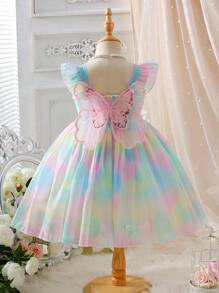 Elladie kids Girls Rainbow Gradient Cap Sleeve Elastic Waist Big Bow Back Decor Party Dress, Suitable For Party And Gathering Fall Winter - Pink - View 3