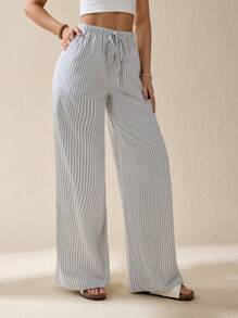 SHEIN Tall Women's Casual Summer Outfits Drawstring Waist Striped Long Pants For Daily Wear,Fall Women Clothes - White - View 6