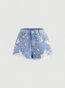 SHEIN Girlism Shorts di jeans larghi in denim blu con decorazioni in strass consumati per ragazze pre-adolescenti, outfit casual in due pezzi per primavera/estate, shorts larghi per concerti estivi, festival, feste, abbigliamento per il 4 luglio, outfit per feste di laurea in due pezzi