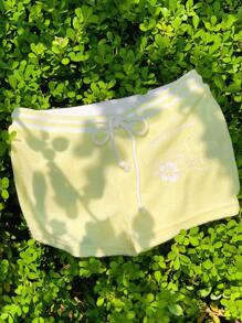 SHEIN EZwear 女士休闲抽绳腰黄色花卉字母印花超短裤，夏季 - 黃色 - 查看 5