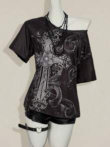 SHEIN ICON Y2K 复古垃圾风十字印花斜肩宽松休闲T恤