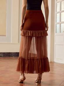 ZEYLAH Women's Elegant Patchwork Ruffle Hem Skirt - Coffee Brown - View 4