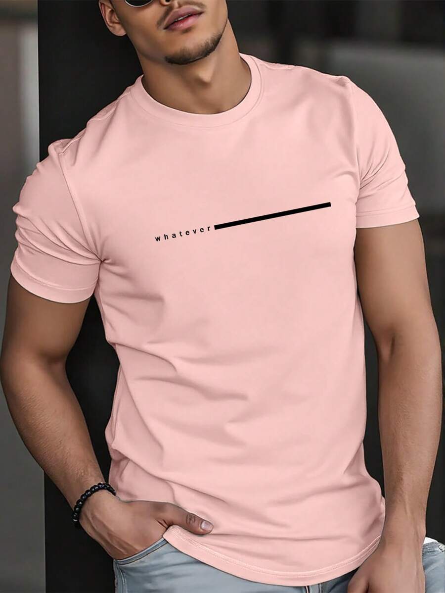 Manfinity Homme Camiseta de manga corta con cuello redondo y estampado de letras casual para hombres, estilo de los 2000 - Rosa - Ver 1