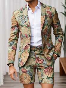 Manfinity Mode Plus Size Men Retro Print Long Sleeve Jacket And Shorts Set - Apricot - View 1