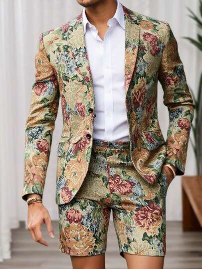 Manfinity Mode Plus Size Men Retro Print Long Sleeve Jacket And Shorts Set