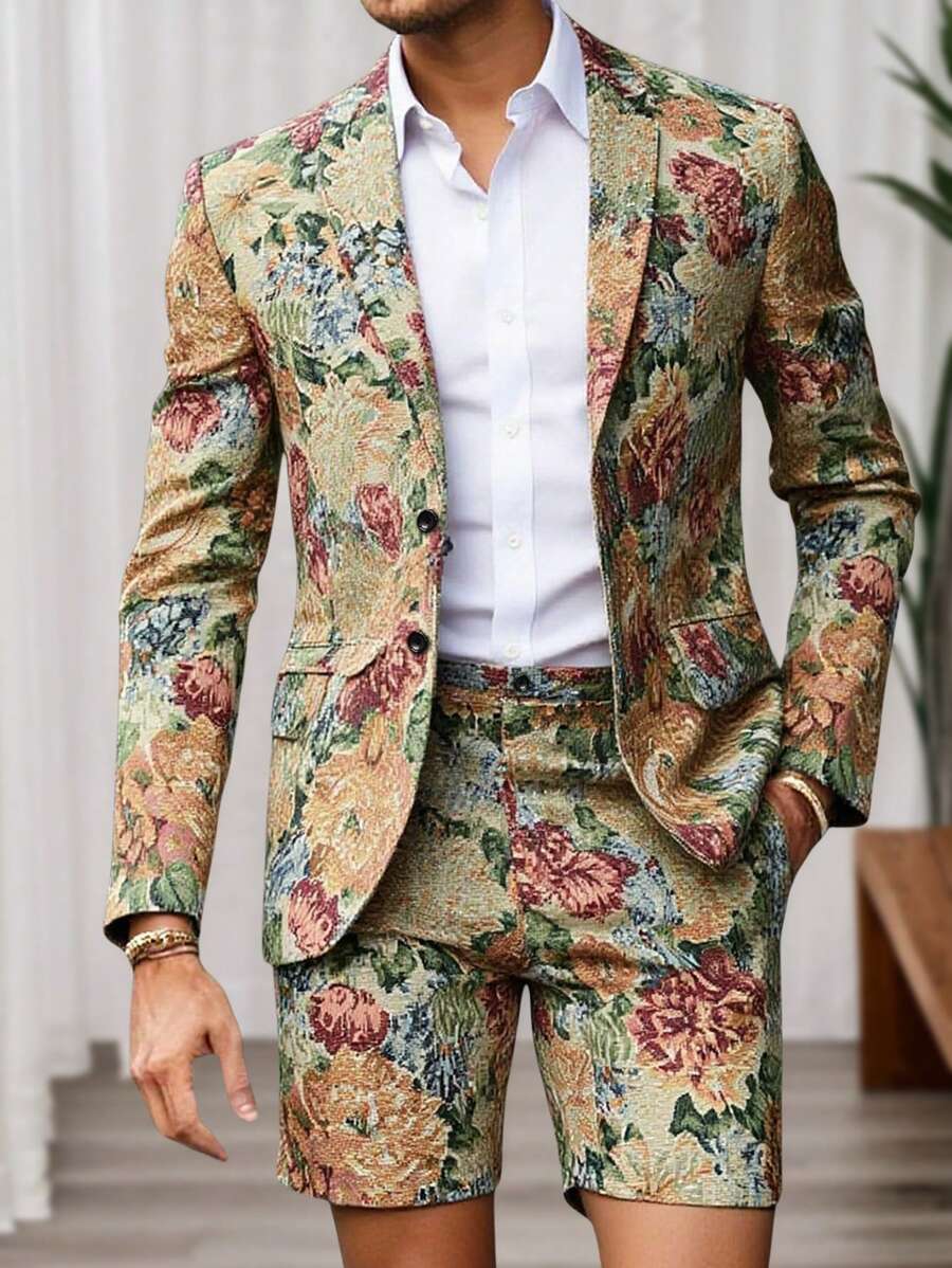 Manfinity Mode Plus Size Men Retro Print Long Sleeve Jacket And Shorts Set - Apricot - View 1